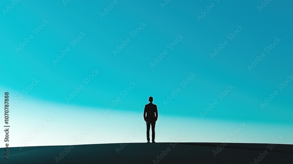 Obraz premium Silhouette of business person stands on top of small hill looking at blue sky with white clouds