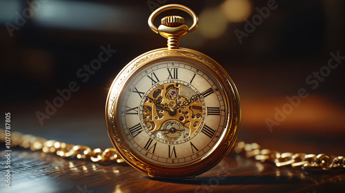 Old-fashioned pocket watch with a detailed dial and golden chain, ideal for retro and historical backgrounds photo