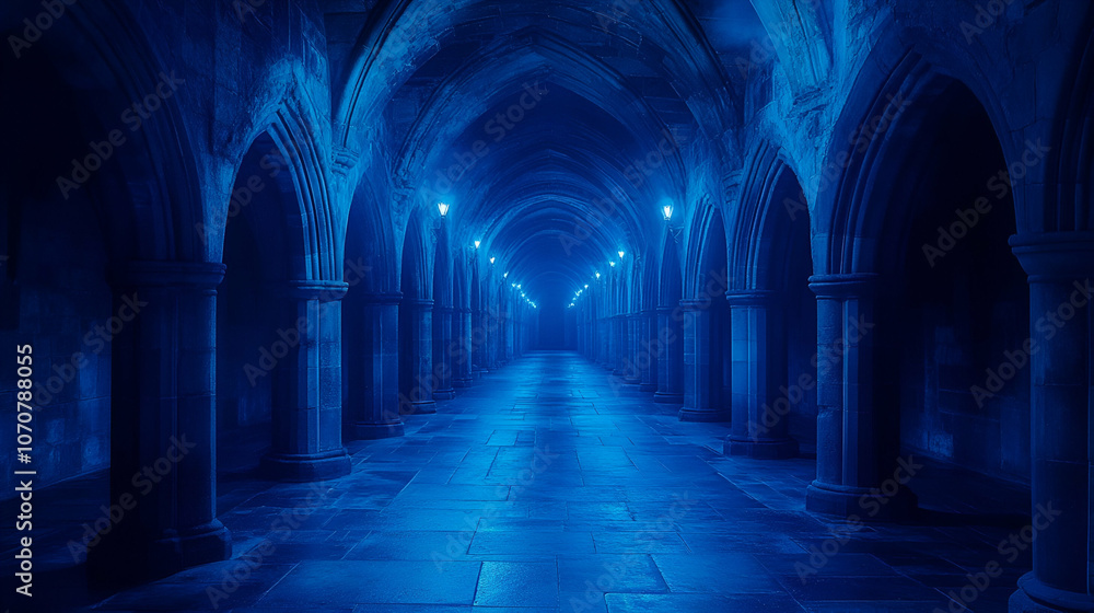 A cool, dimly lit hallway with arched stone walls, illuminated by soft blue lights, creating a mysterious and otherworldly atmosphere. A cool, dimly lit hallway with arched stone walls, illuminated by soft blue lights, creating a mysterious and otherworldly atmosphere.