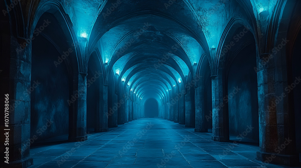 Obraz premium A dimly lit corridor with arches, creating an eerie, atmospheric perspective in cool blue tones.