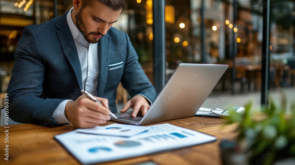 Businessman working on laptop computer at coffee shop cafe writing something on notebook about business ideas Businessman working on laptop computer at coffee shop cafe writing something on notebook about business ideas