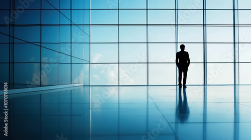 Silhouette of business person stands next to ceiling to floor glass window in office building or airport