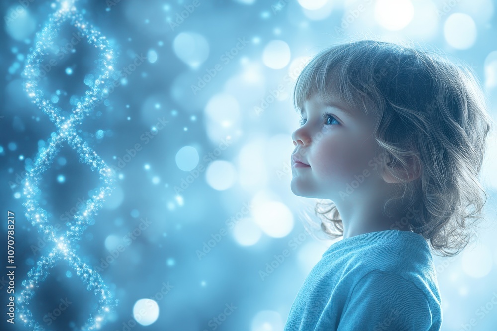 Young child gazes in wonder at swirling lights in a dreamlike, magical setting Young child gazes in wonder at swirling lights in a dreamlike, magical setting