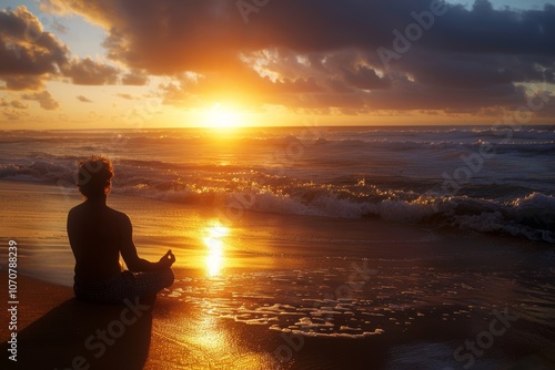 Silhouette of person meditating on beach at sunset