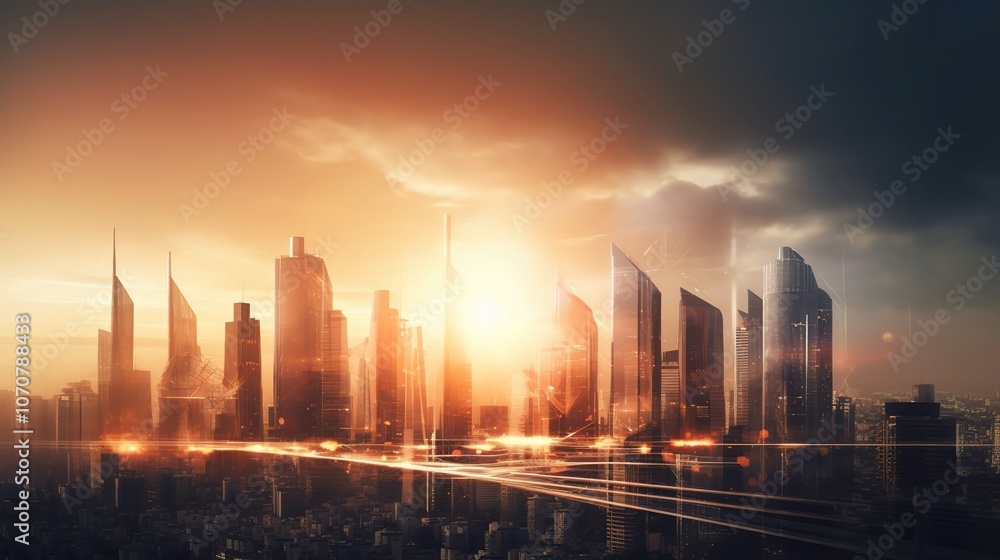 Fototapeta premium Futuristic Cityscape with Sunset and High-Rise Buildings