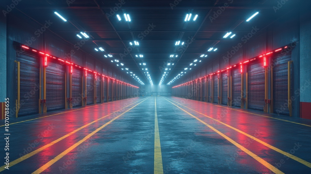 Fototapeta premium Modern Warehouse with Cool Lighting and Shelves