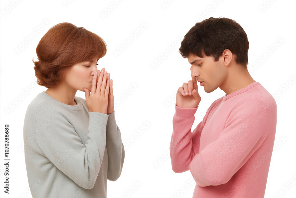 A couple engaged in deep conversation, reflecting on their emotions in soft pastel attire