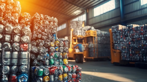 Aluminum recycling center, neatly stacked crushed cans for organized waste management.