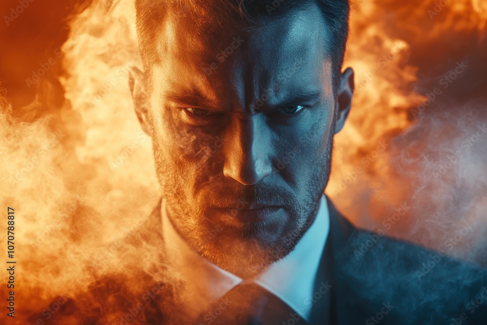 Intense gaze of a man in a tailored suit surrounded by fiery background elements Intense gaze of a man in a tailored suit surrounded by fiery background elements