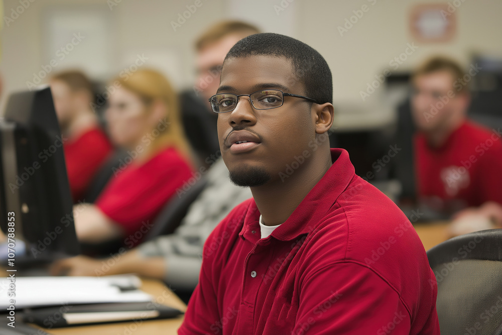 Naklejka premium Student engaged in learning during a classroom session in a computer lab