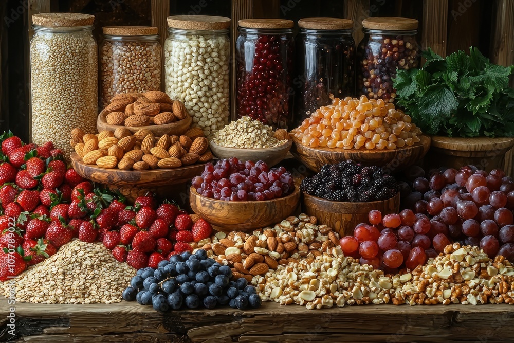 An Abundance of Healthy Snacks and Fruits in Rustic Setting An Abundance of Healthy Snacks and Fruits in Rustic Setting