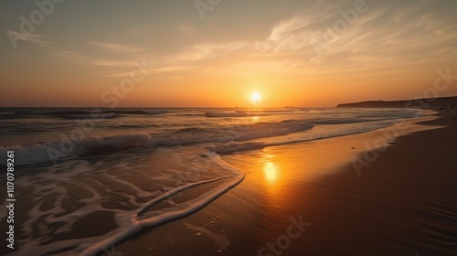 Serene Sunset Reflection on Tranquil Beach