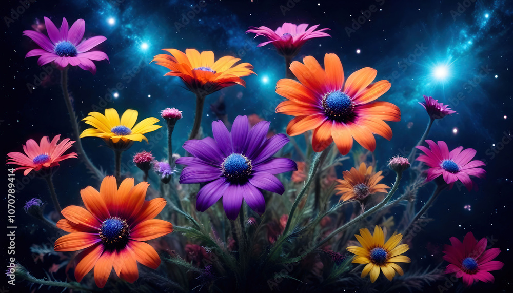 Fototapeta premium Vibrantly colored flowers set against a deep, galactic sky, creating a surreal, cosmic landscape.