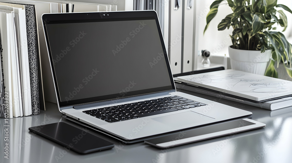 A laptop, tablet, and smartphone on a desk with a plant in the background. A laptop, tablet, and smartphone on a desk with a plant in the background.