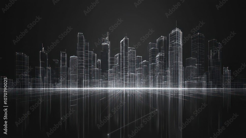 Wireframe city skyline with digital connections and reflection. Wireframe city skyline with digital connections and reflection.
