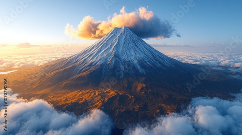 Majestic snow-capped Mount Fuji rises above the clouds with a golden cloud at its peak.