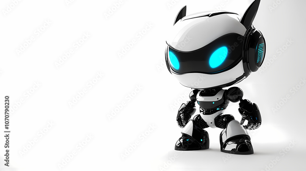 High-Resolution 3D Render of a Full-Body White Robot with Blue Eyes, Black and White Color Scheme, No Shadow Effects High-Resolution 3D Render of a Full-Body White Robot with Blue Eyes, Black and White Color Scheme, No Shadow Effects