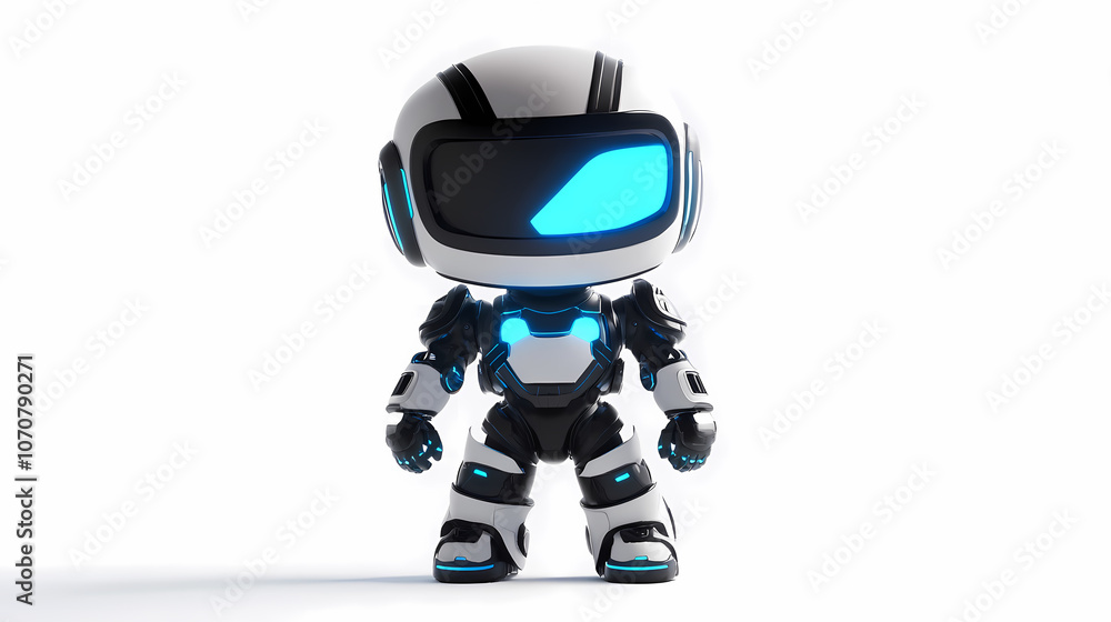 High-Resolution 3D Render of a Full-Body White Robot with Blue Eyes, Black and White Color Scheme, No Shadow Effects High-Resolution 3D Render of a Full-Body White Robot with Blue Eyes, Black and White Color Scheme, No Shadow Effects