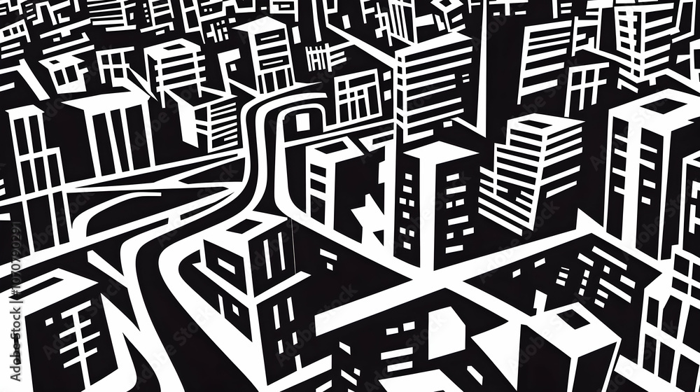 Abstract black and white illustration of a city skyline with buildings and roads. Abstract black and white illustration of a city skyline with buildings and roads.
