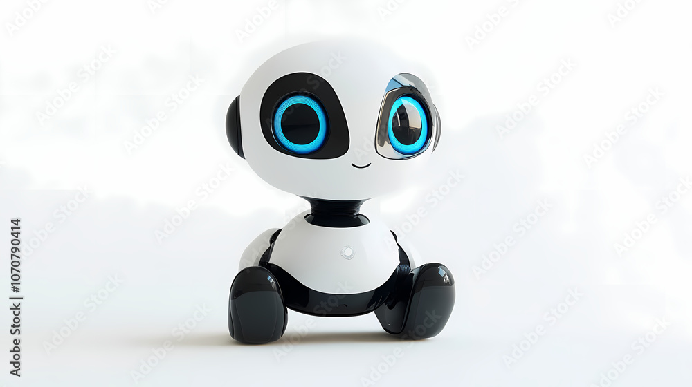 Cute Cartoon-Style White Robot with Blue Eyes in Full Body, Isolated on a White Background with Studio Lighting Cute Cartoon-Style White Robot with Blue Eyes in Full Body, Isolated on a White Background with Studio Lighting