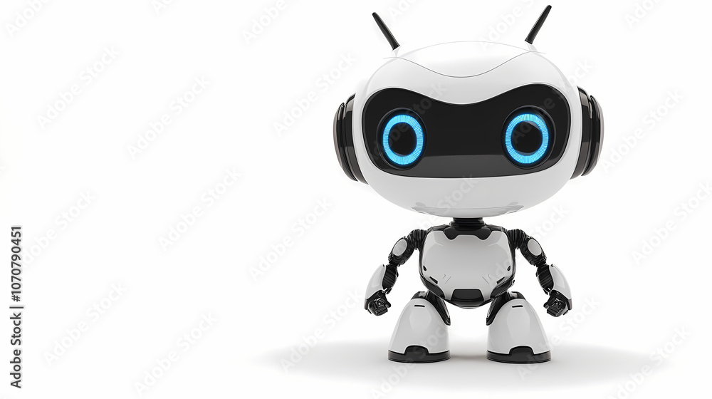 High-Quality 3D Rendering of a Cute White Robot with Blue Eyes, Full Body, in a Cartoon Design Style on a Plain White Background High-Quality 3D Rendering of a Cute White Robot with Blue Eyes, Full Body, in a Cartoon Design Style on a Plain White Background
