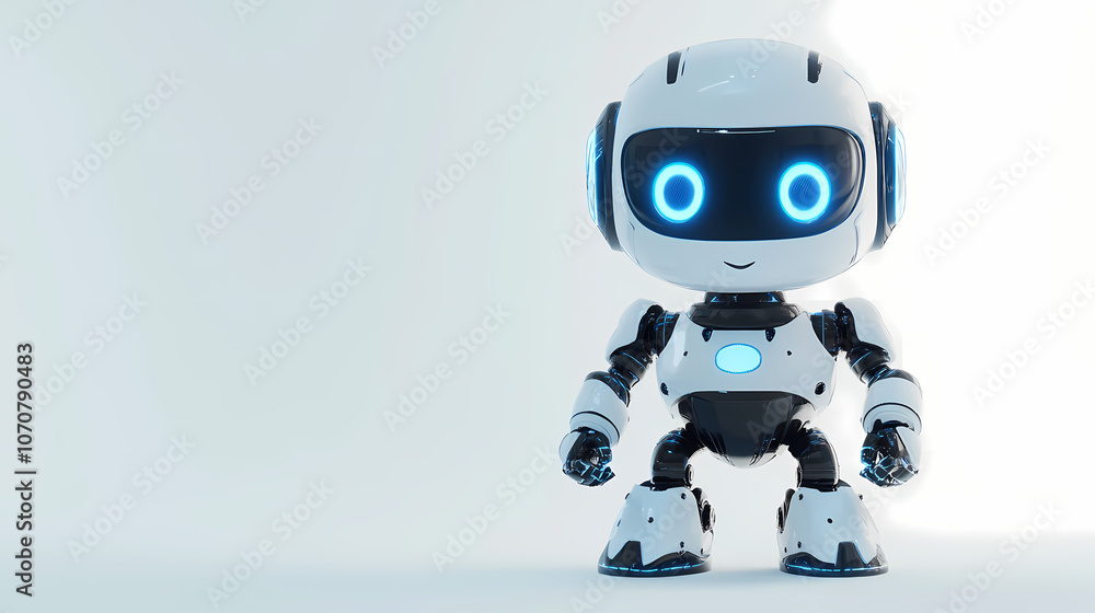 High-Quality 3D Rendering of a Cute White Robot with Blue Eyes, Full Body, in a Cartoon Design Style on a Plain White Background High-Quality 3D Rendering of a Cute White Robot with Blue Eyes, Full Body, in a Cartoon Design Style on a Plain White Background