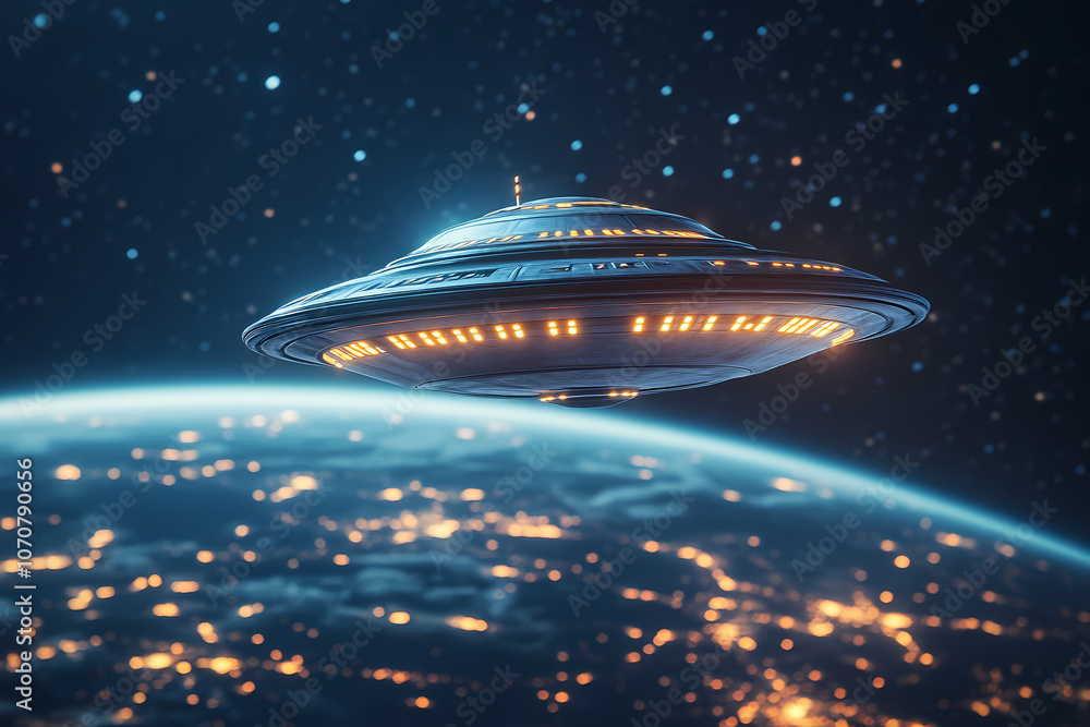 Obraz premium UFO's Galactic Journey: An otherworldly spacecraft glides gracefully through the cosmic expanse, illuminating the world below with an air of mystery and futurism. Capturing an awe-inspiring view.