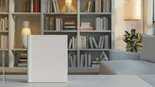 Wallpaper Mural Blank book on a white surface in a bright room. Sunlight, bookshelf, and dried plants create a warm, inviting mockup for book cover presentations. High quality photo Torontodigital.ca