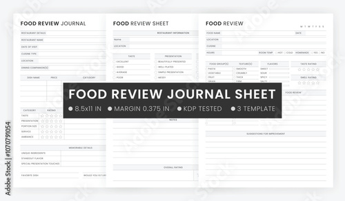 Printable Food Review Journal Template, Places to Eat, Food Tasting Record Sheet, Favourite Foods, Meal eating record notebook