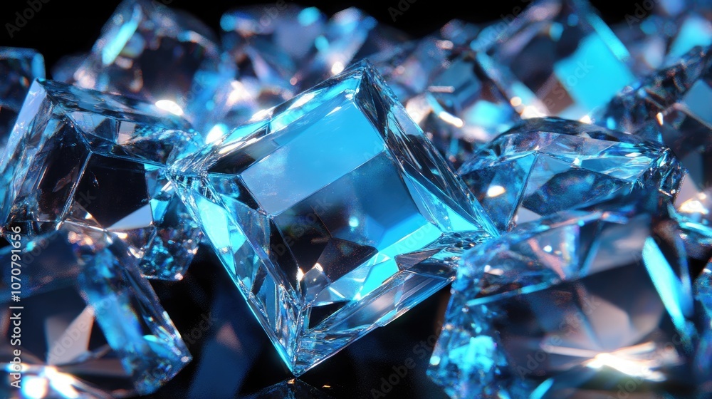 Sleek 3D render of sharp glass prisms in metallic blue hues, holographic light casting reflections on black. Sleek 3D render of sharp glass prisms in metallic blue hues, holographic light casting reflections on black.