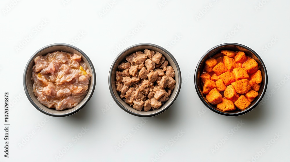 Three bowls of food, featuring different textures and colors, arranged on a white surface. Three bowls of food, featuring different textures and colors, arranged on a white surface.