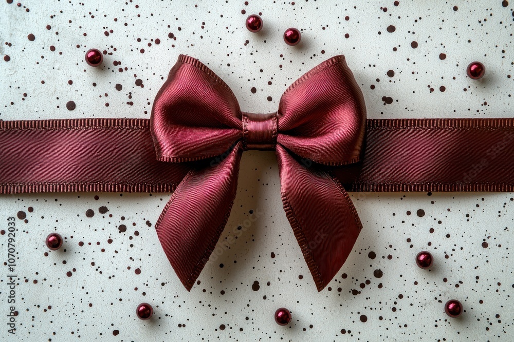 A Red Satin Bow with a Red Ribbon on a White Speckled Surface A Red Satin Bow with a Red Ribbon on a White Speckled Surface