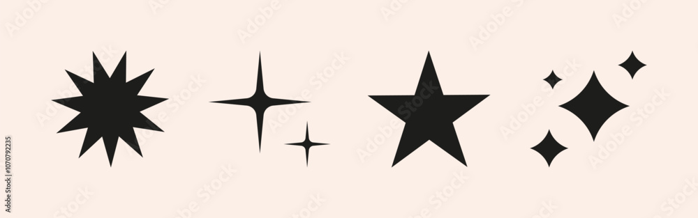 Obraz premium Set of burst sparkle, star, sun shape. Abstract explosion, glowing and blinking effects for festive party design. Twinkle glitter and flash graphic elements. Isolated vector illustrations.