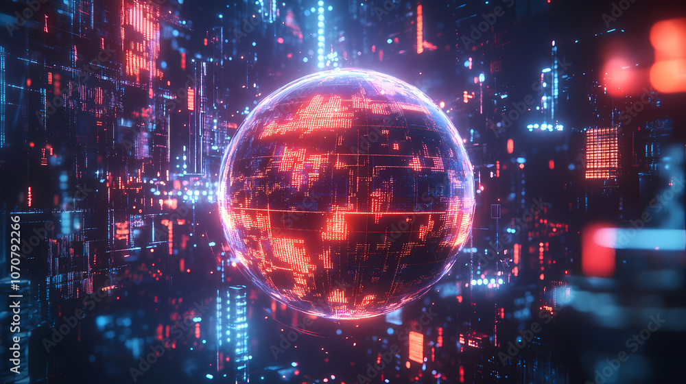 Digital Sphere: Intricate digital rendering of a glowing orb amid a futuristic, high-tech landscape, where data streams come to life. Digital Sphere: Intricate digital rendering of a glowing orb amid a futuristic, high-tech landscape, where data streams come to life.