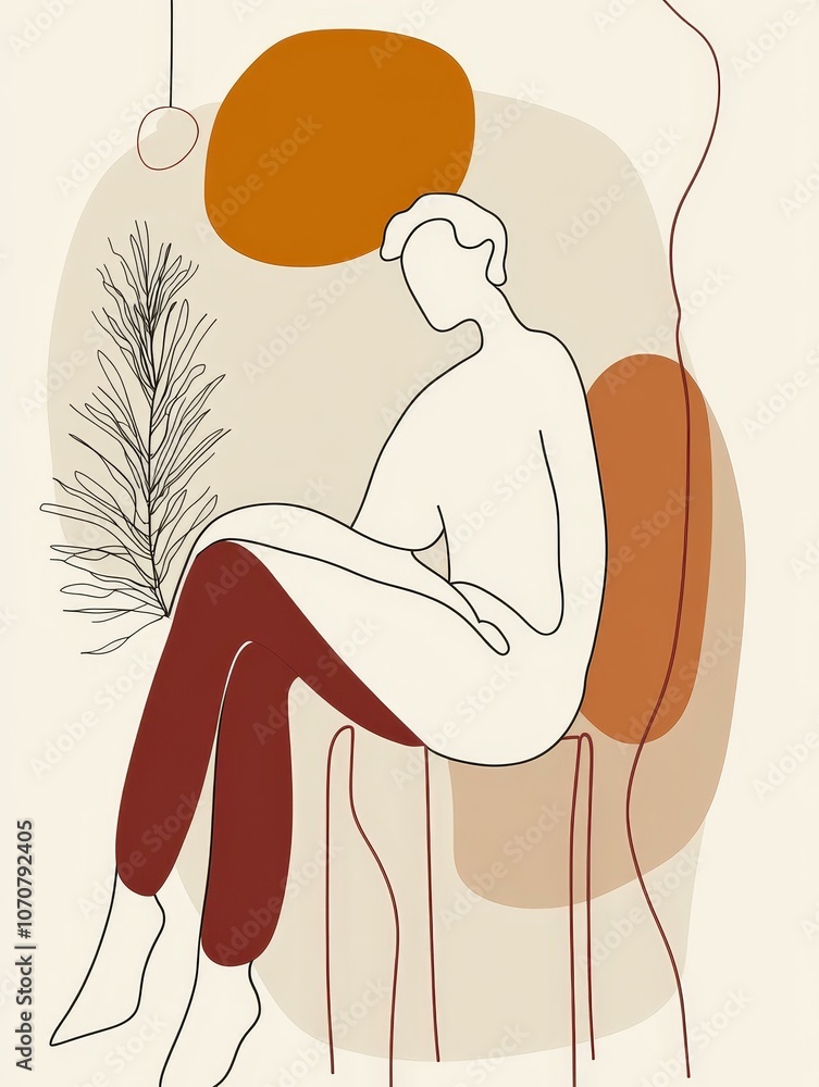 A minimalist line art illustration of a woman sitting, showcasing an abstract figure with flowing lines against a background of organic shapes in warm colors. The image evokes themes of serenity, cont A minimalist line art illustration of a woman sitting, showcasing an abstract figure with flowing lines against a background of organic shapes in warm colors. The image evokes themes of serenity, cont