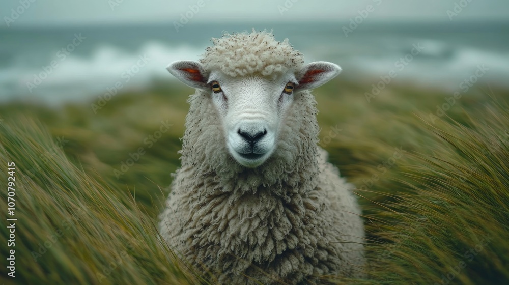 A white sheep with bright orange eyes stares into the camera, standing in a field of tall green grass with a blurry ocean in the background.