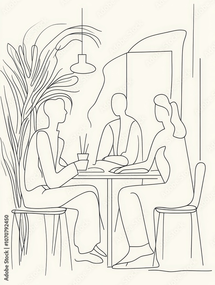 A simple line art illustration depicting three friends sitting at a table in a cafe, enjoying coffee and conversation. The minimalist style focuses on the relationships and moments of connection. A simple line art illustration depicting three friends sitting at a table in a cafe, enjoying coffee and conversation. The minimalist style focuses on the relationships and moments of connection.