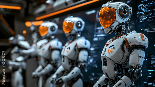 Five Futuristic Robots with Orange and White Designs Standing in Front of a Screen in a Sci-Fi Space Station Interior – Hyper-Realistic, High-Definition Wide-Angle Professional Photograph