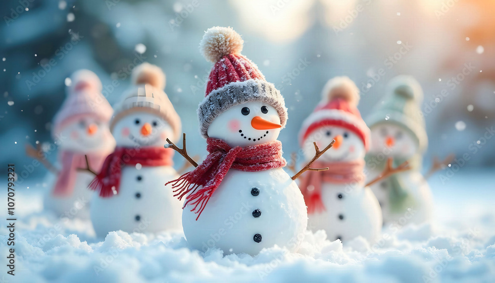 Fototapeta premium Snowmen with scarves and hats, adding a playful and festive touch to the holiday season, perfect for winter-themed designs
