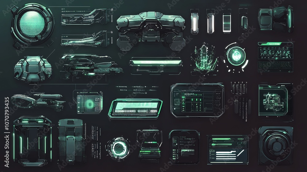 Futuristic technology interface elements with green accents on a dark background. Futuristic technology interface elements with green accents on a dark background.