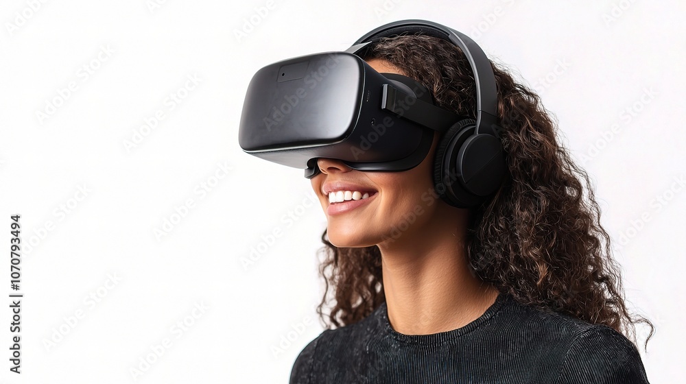 Woman Enjoying Virtual Reality Experience with Headset Woman Enjoying Virtual Reality Experience with Headset