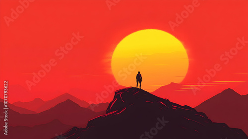 A lone figure stands on a mountain peak, silhouetted against a large, fiery sun setting behind a range of mountains.