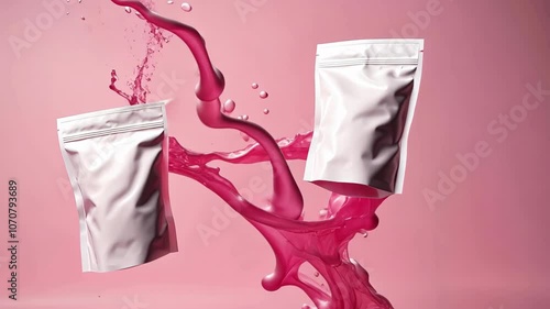Falling two white zip lock package on a pink background. Unbranded packaging with splash of bright liquid.