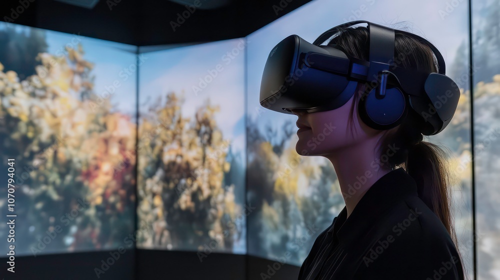 Obraz premium A person using virtual reality equipment in a tech-enhanced environment.