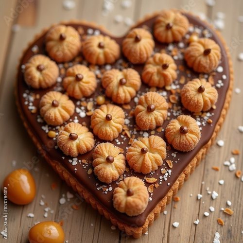 Close-up galleta con chocolate con forma de corazón con pequeñas galletitas unidas a su interior.