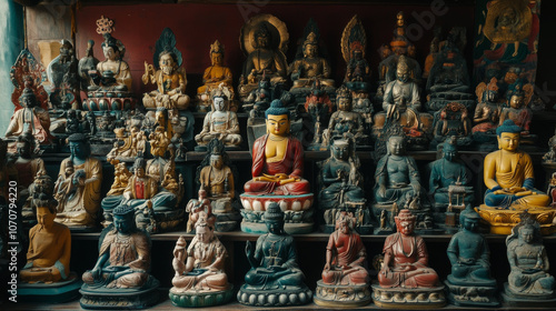 A collection of Tibetan Buddhist statues in a monastery, each one representing a different deity or bodhisattva photo