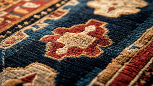 A close-up of the detailed patterns on a Tibetan carpet, showcasing the craftsmanship and cultural heritage behind the design photo