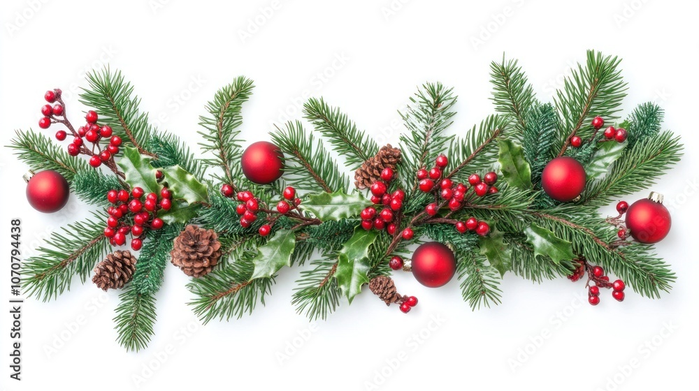 Christmas greenery flat lay with fir branches and red berry accents, festive border on white. Christmas greenery flat lay with fir branches and red berry accents, festive border on white.