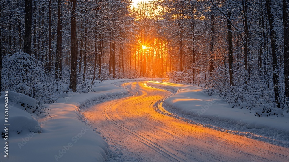 Serene Winter Wonderland: Magical Snow-Covered Forest Path Leading Through Enchanting Winter Landscape Serene Winter Wonderland: Magical Snow-Covered Forest Path Leading Through Enchanting Winter Landscape