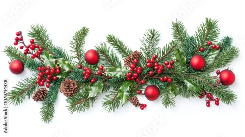 Christmas greenery flat lay with fir branches and red berry accents, festive border on white.